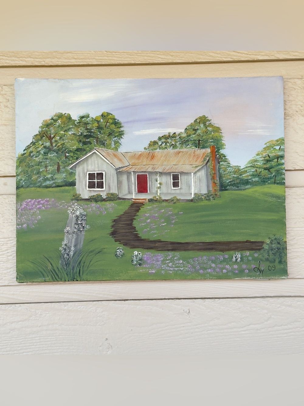 Vintage Country Barnhouse Farmhouse Landscape Oil on Canvas Painting Signed